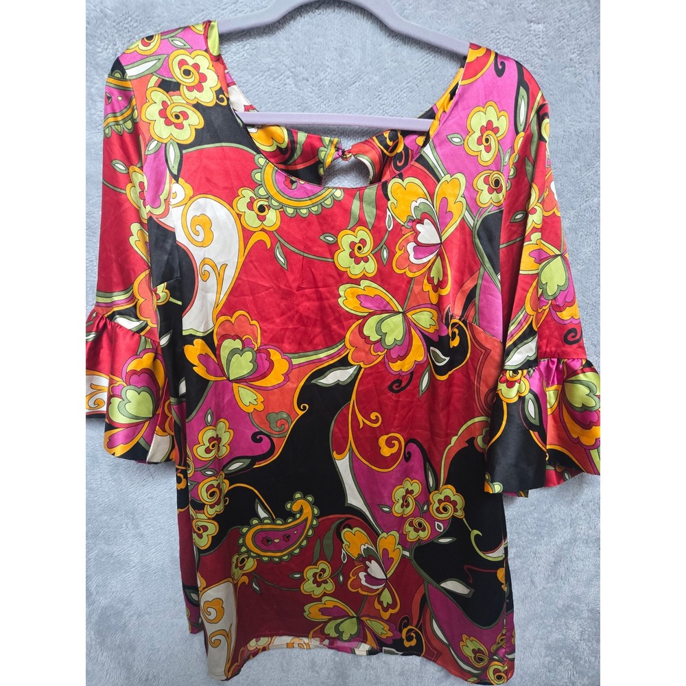 New Directions Paisley Floral Satin Bell Sleeve Blouse Red Pink Large